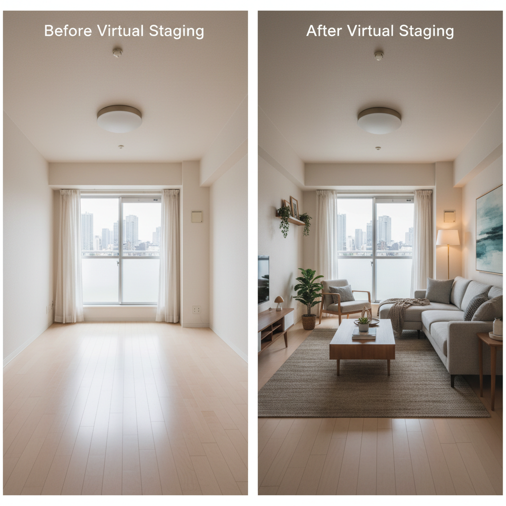 An example of virtual staging in a Tokyo apartment, showcasing a living room before and after virtual staging.