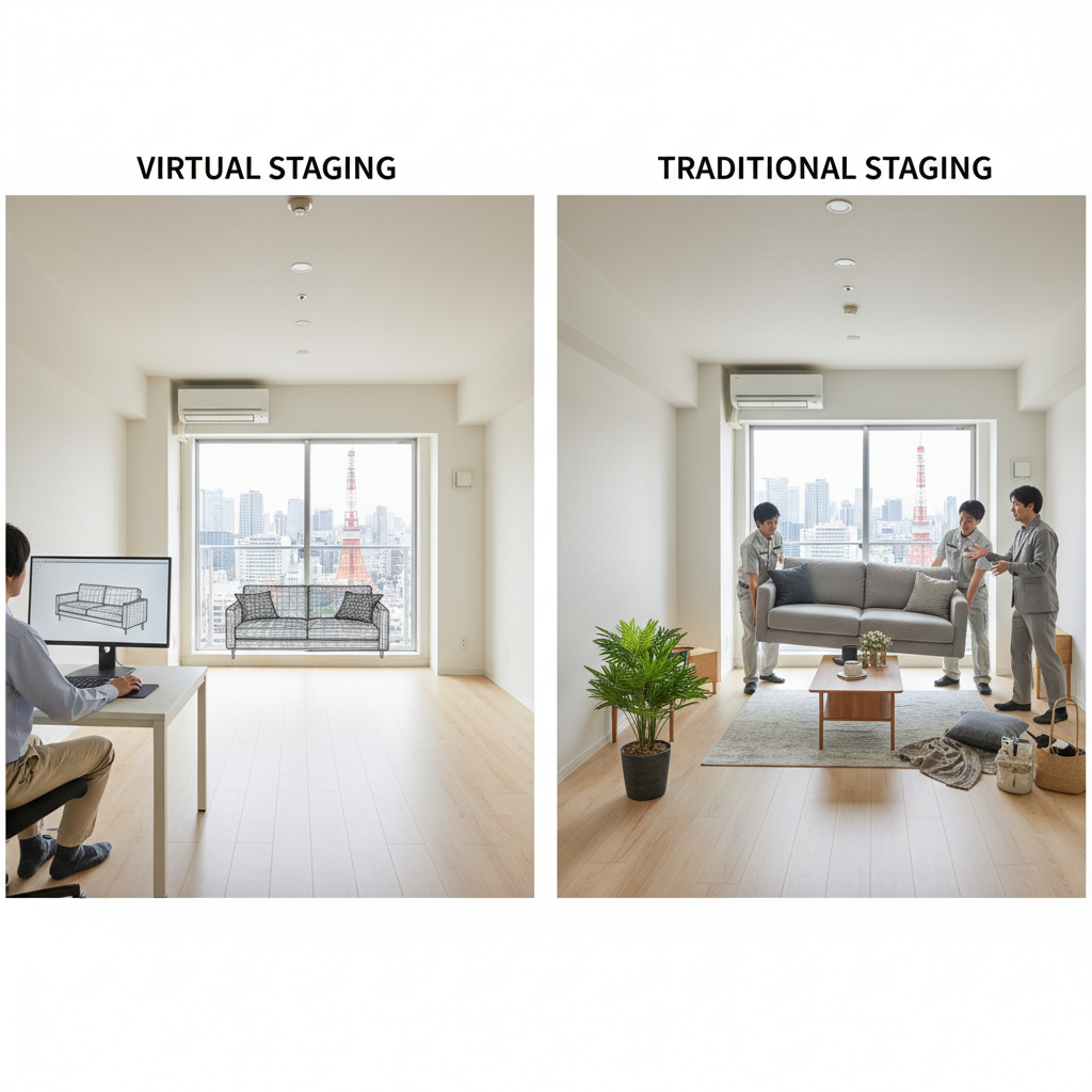 A side-by-side comparison of virtual staging versus traditional staging process in a Tokyo apartment.