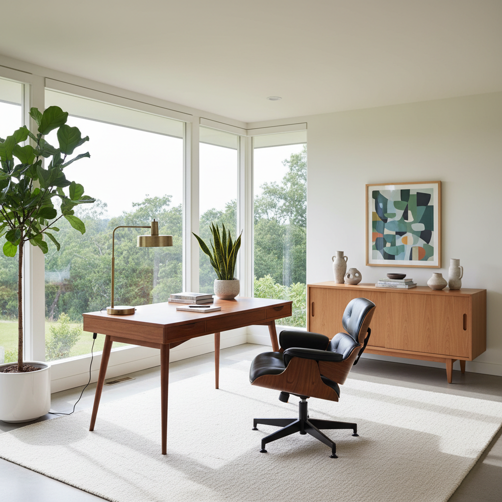 A mid-century modern home office with clean lines, wooden furniture, and minimal decor.