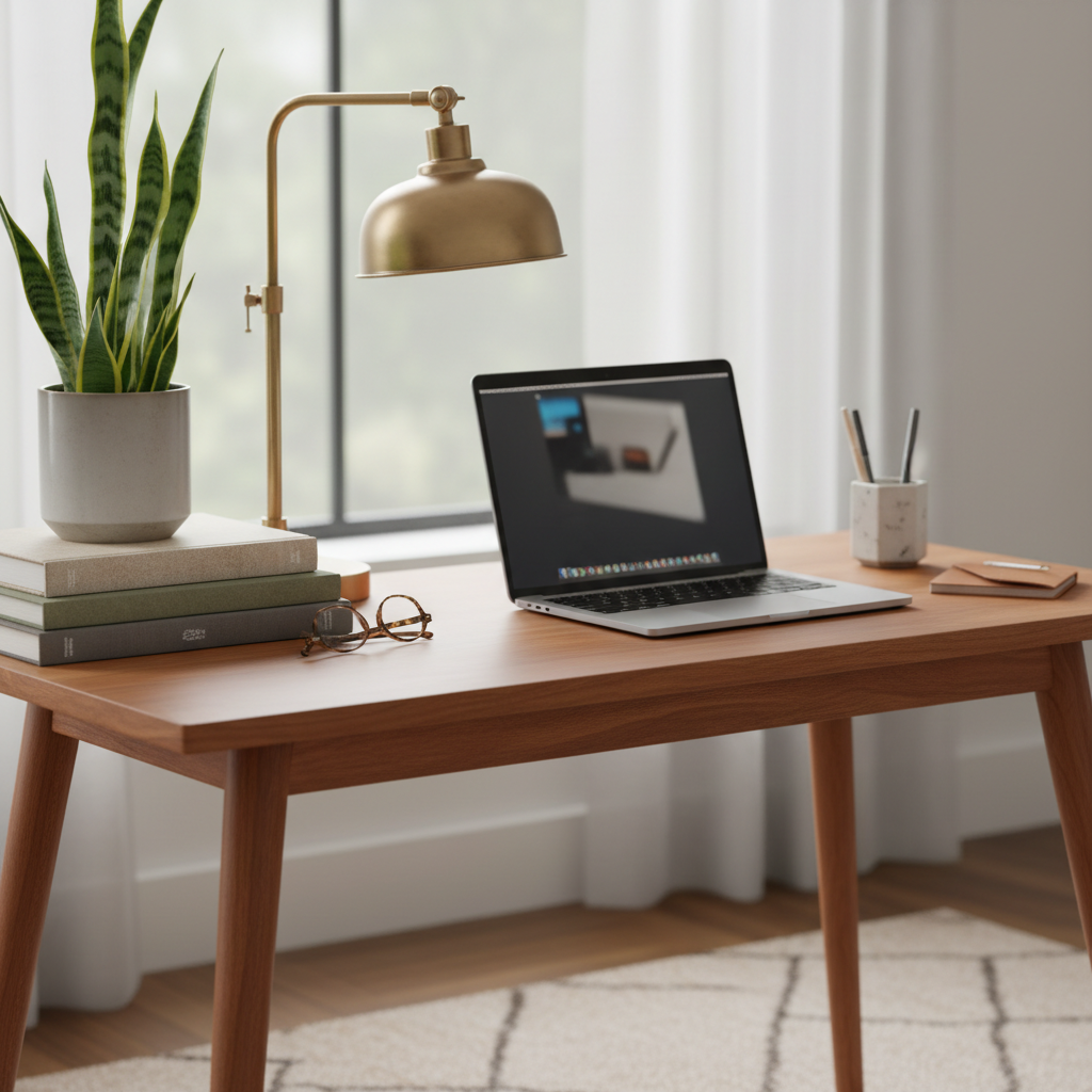 A close-up of a stylish mid-century modern desk with accessories like a plant and a laptop.