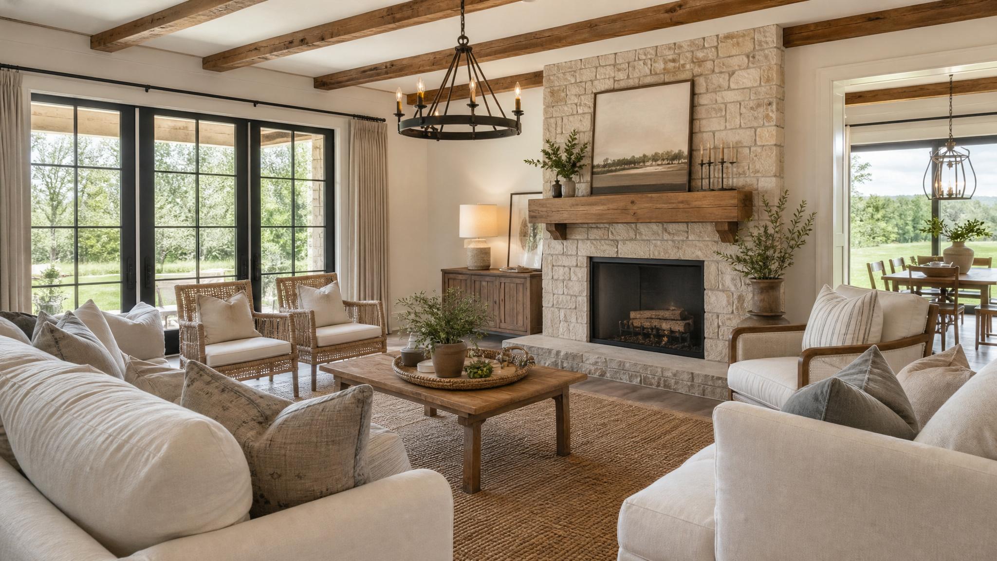 Cozy farmhouse living room setup with natural light.