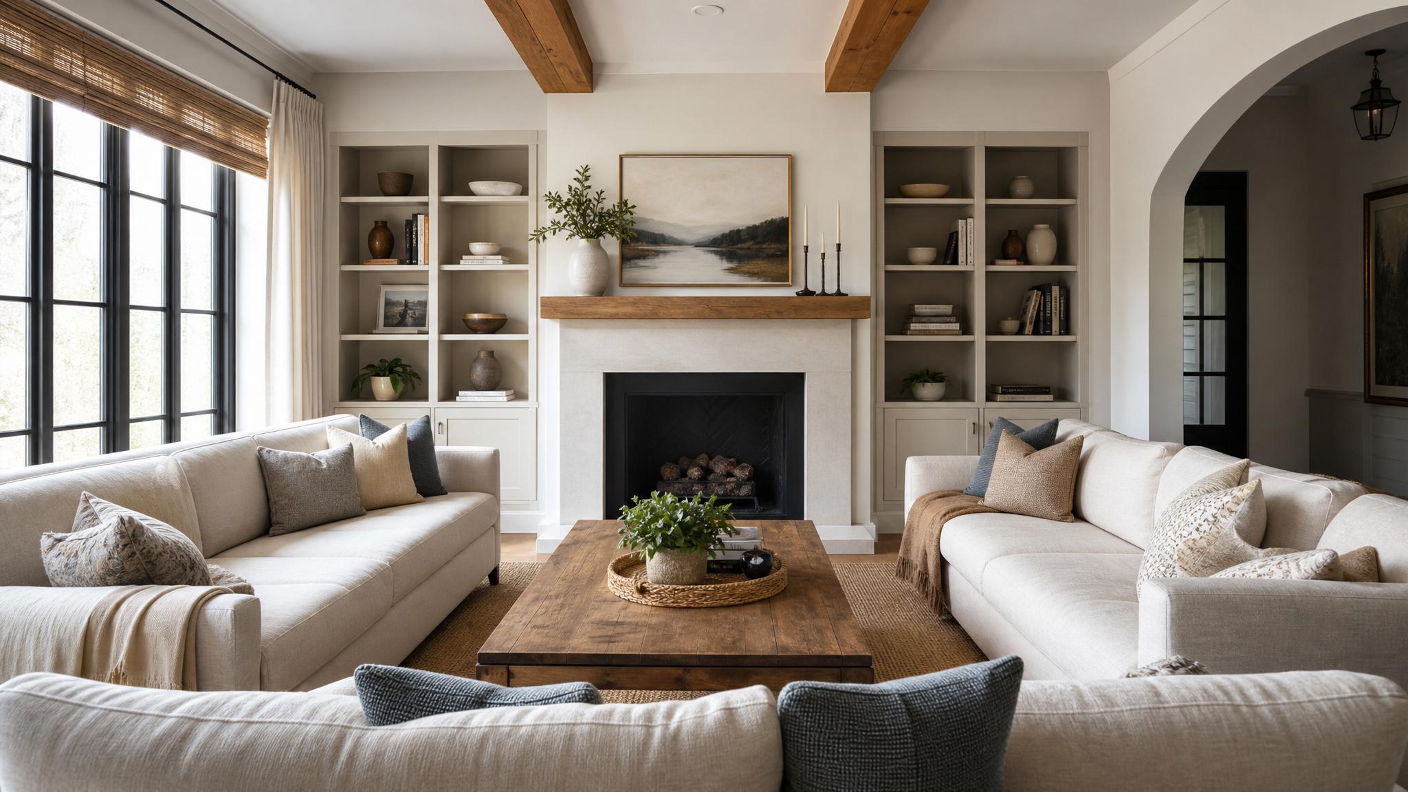 U-shaped seating arrangement in a small living room.