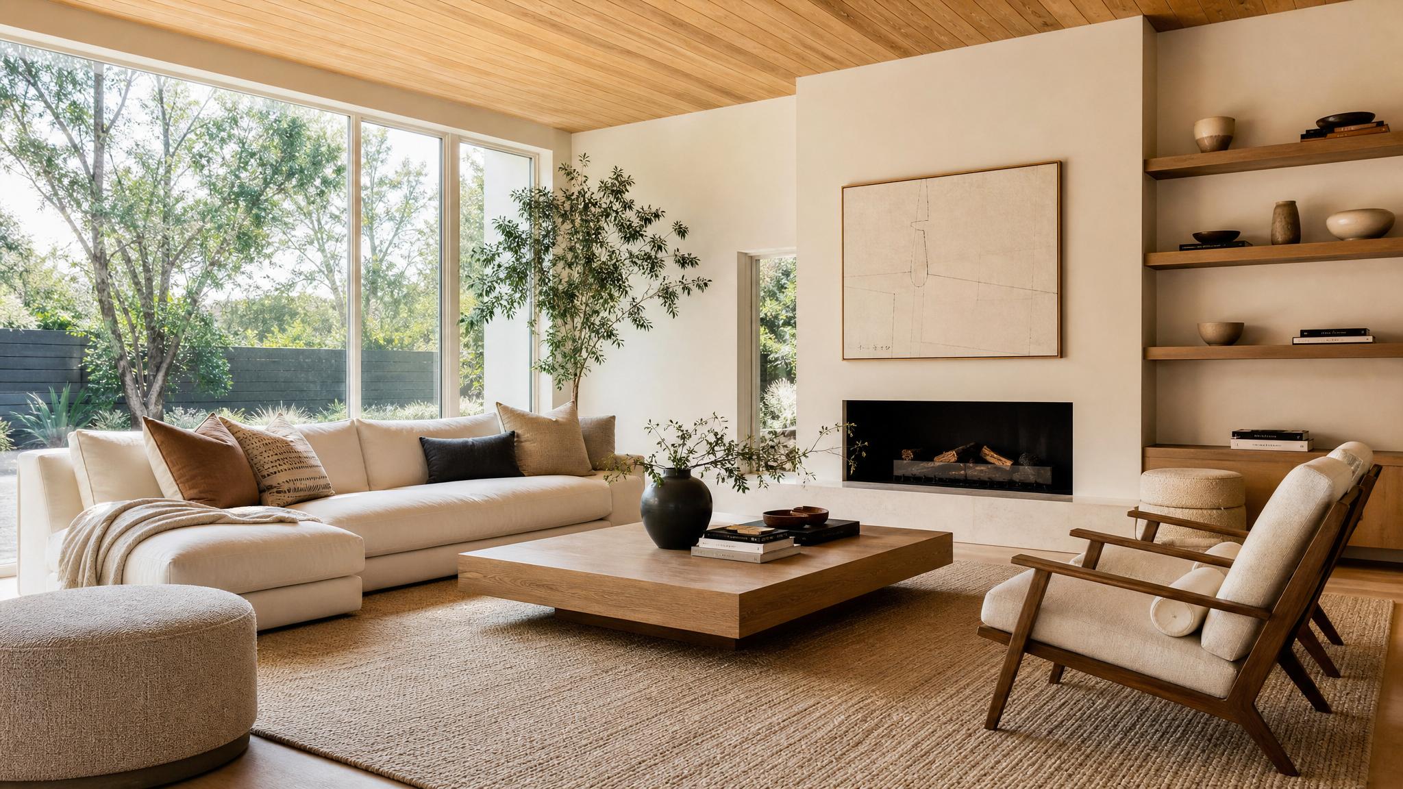 A stylish California modern living room featuring large windows and a neutral color palette.
