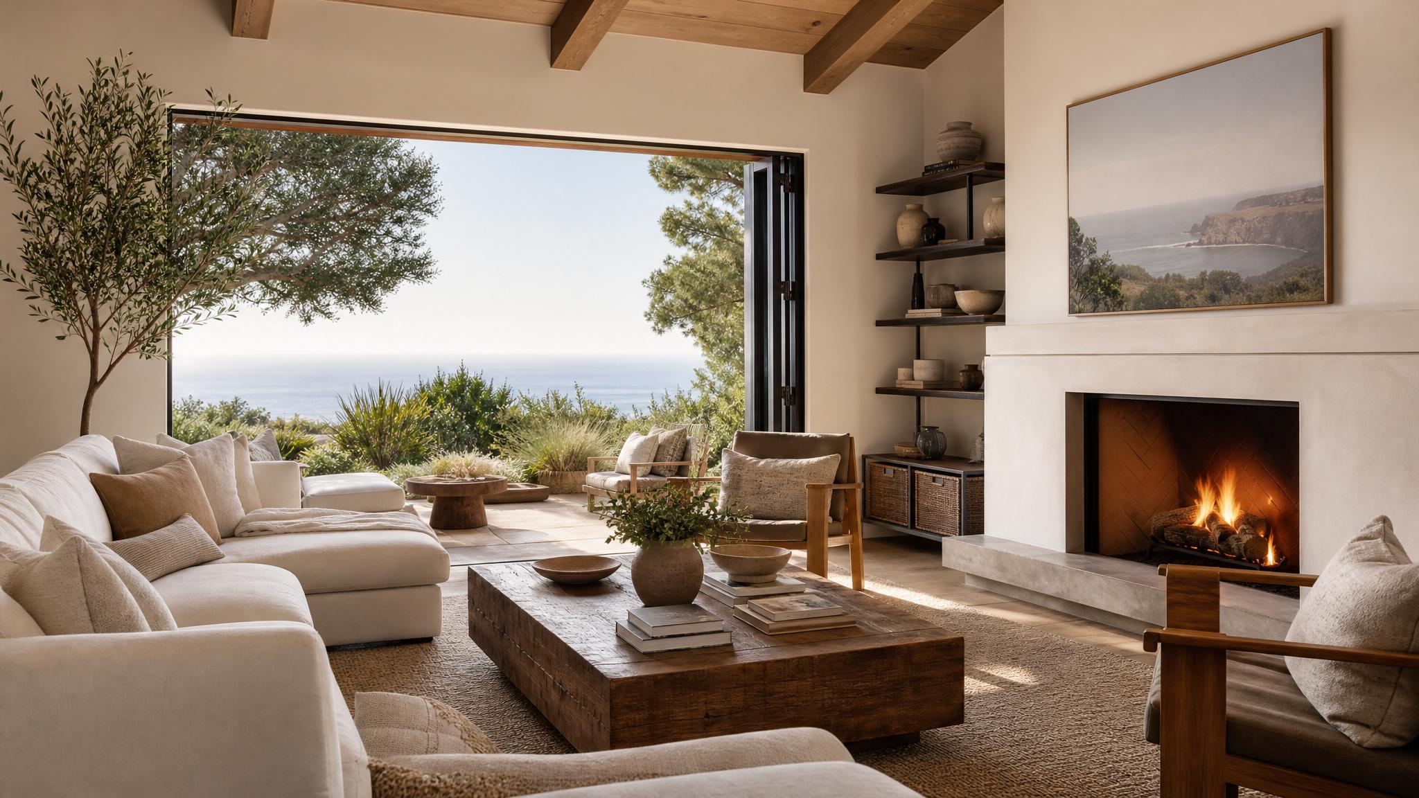 A cozy California modern living room with a view of the outdoors and a fireplace.