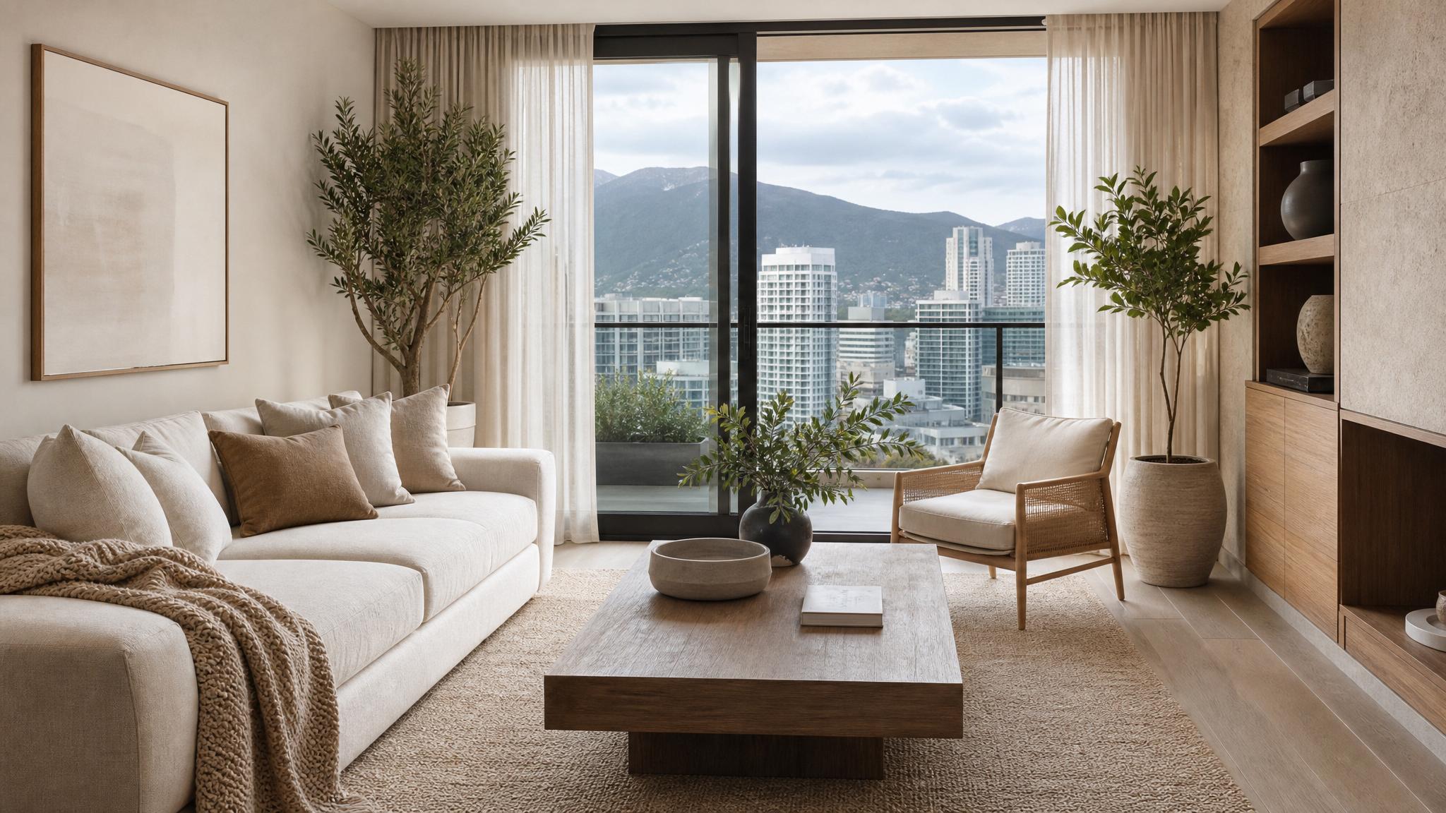 A serene small living room with zen decor in a penthouse setting featuring neutral colors and natural elements.