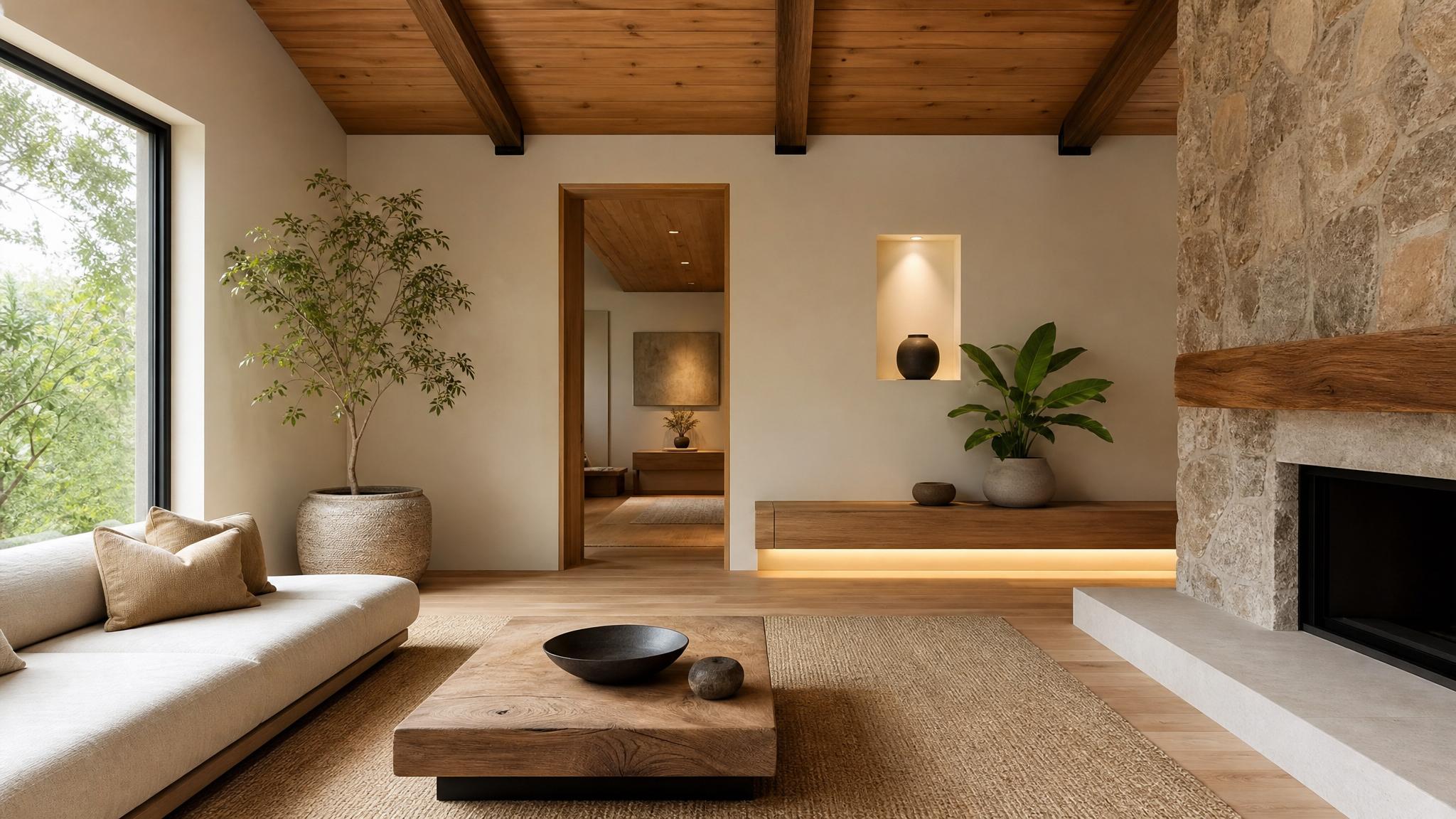 An example of a zen-inspired design of a small living room showcasing natural wood, plants, and minimal furnishings.