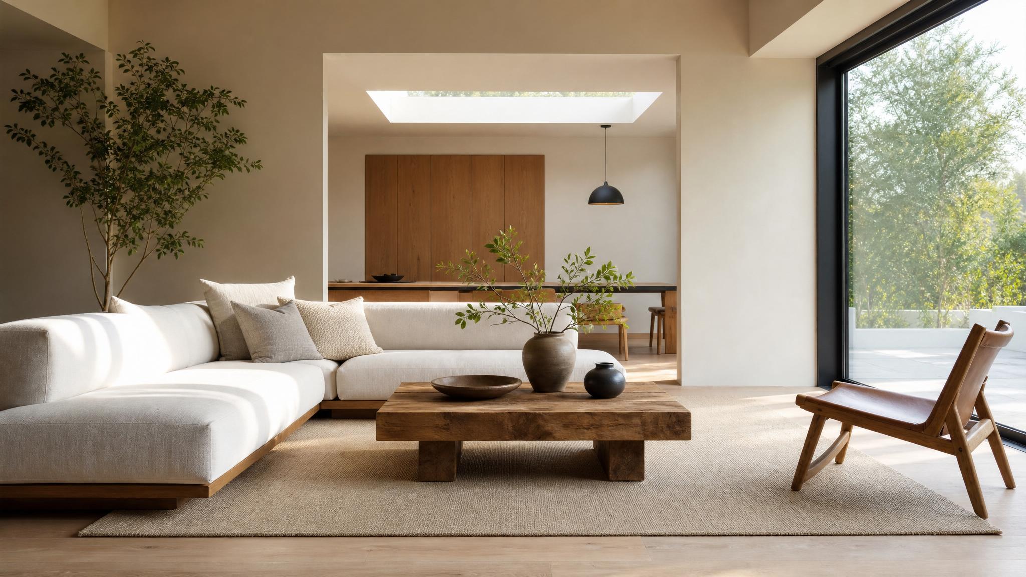 A serene zen living room with natural light and minimalistic furniture.