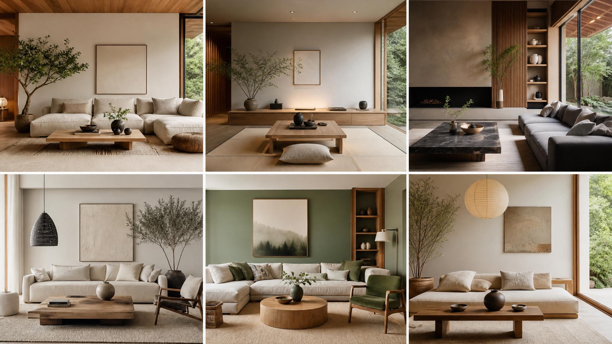 A gallery of diverse zen living room designs showcasing various styles and colors.