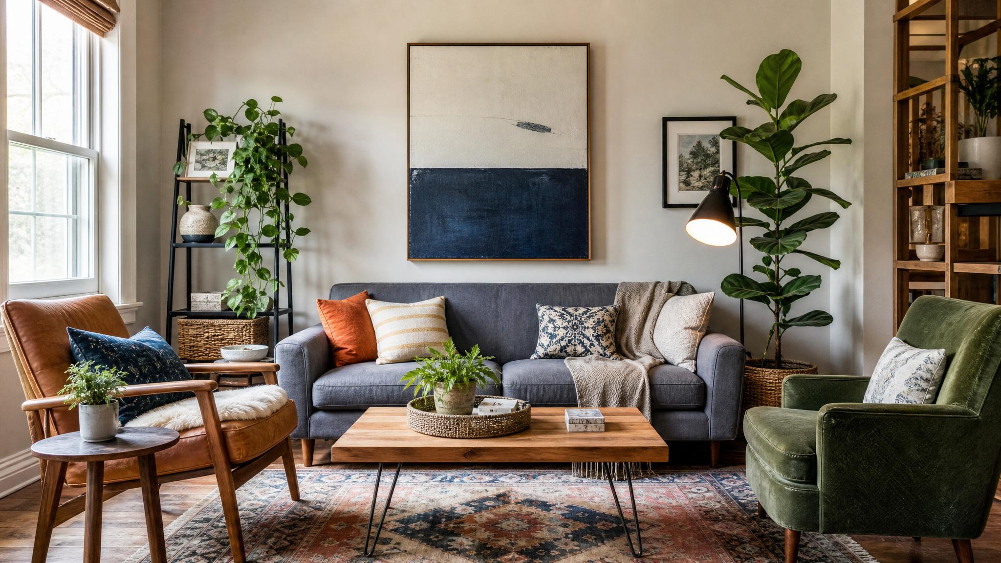 An eclectic small living room featuring a mix of styles and colors.