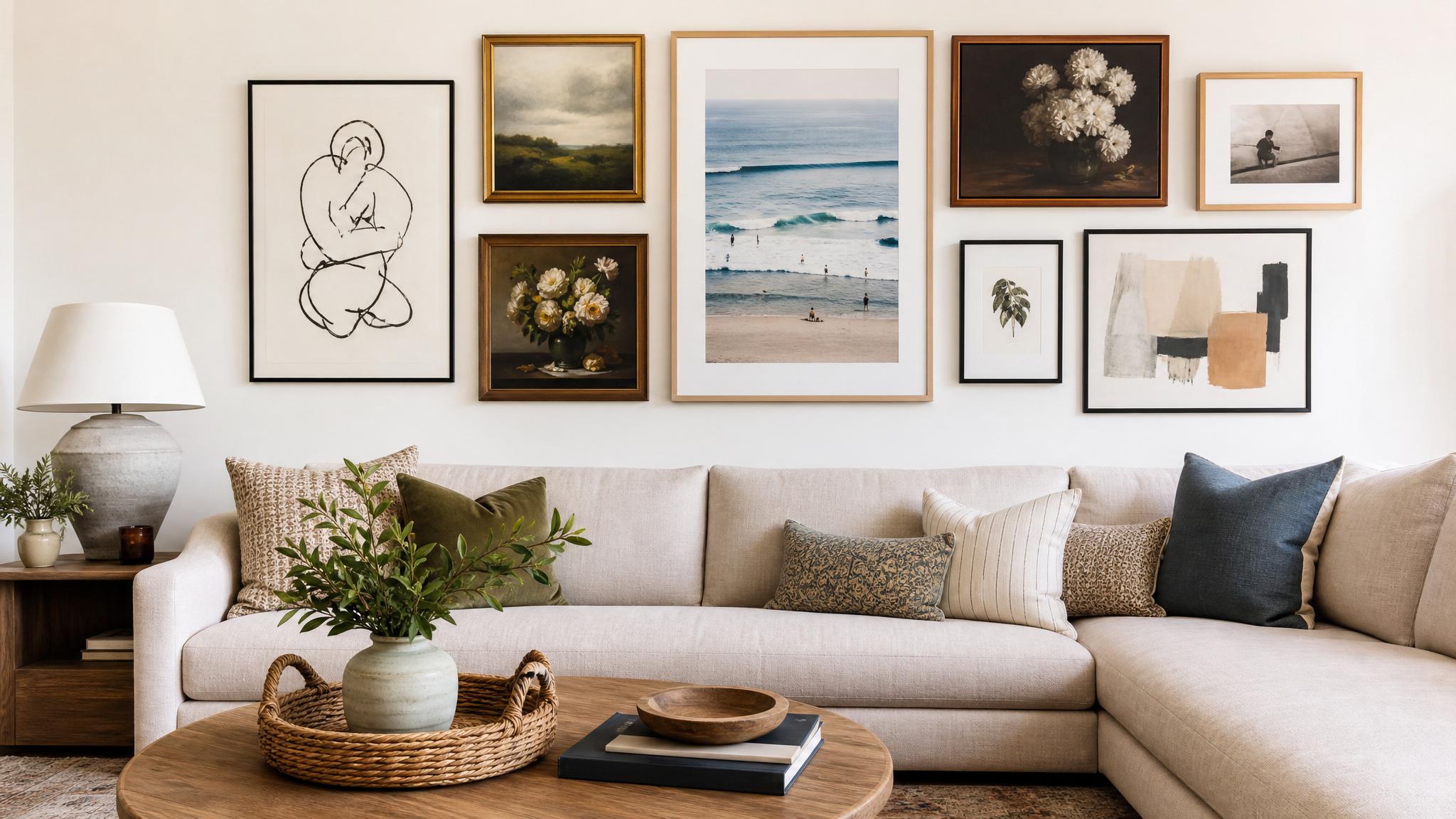 A visual representation of a gallery wall with varying art styles.