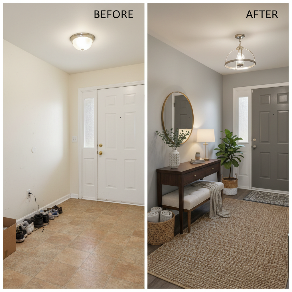 A before and after image of an entryway, one unstaged and the other virtually staged.