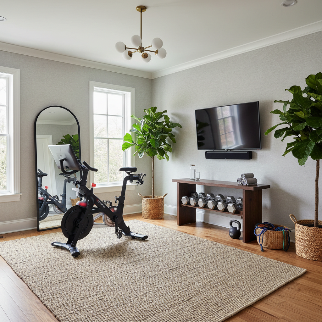 Image of a stylish transitional home gym setup.