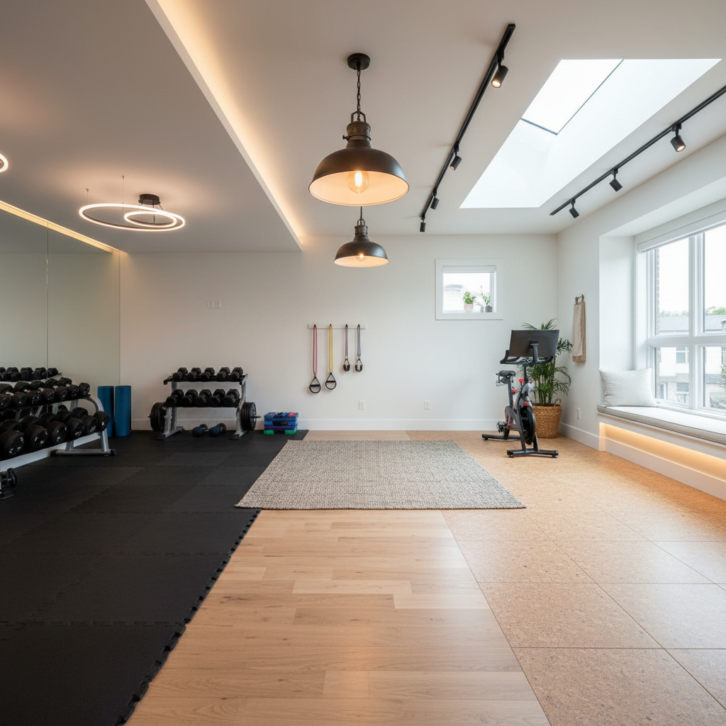 Image of flooring and lighting options for a home gym.