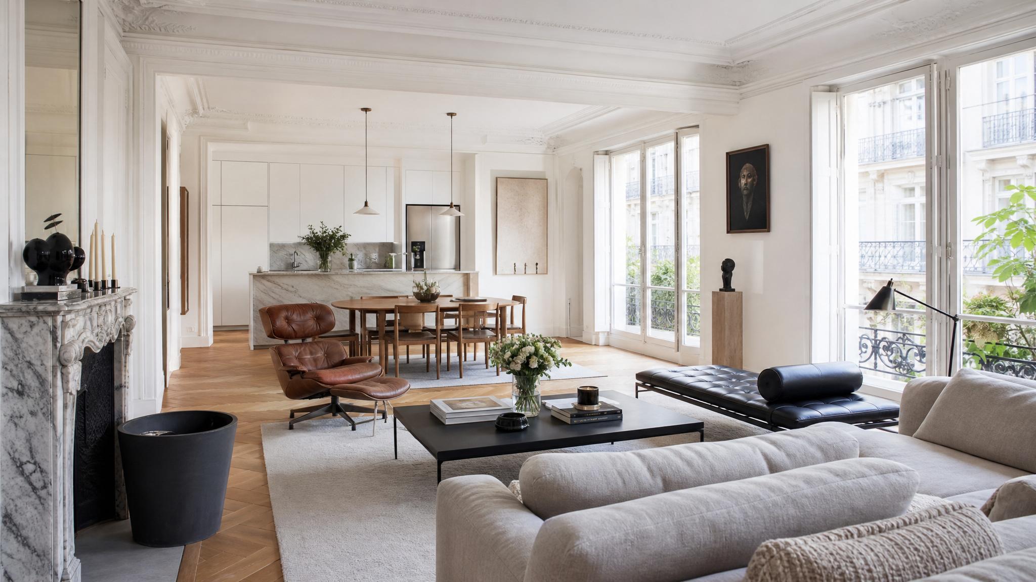 A stylish Parisian open-plan living room layout