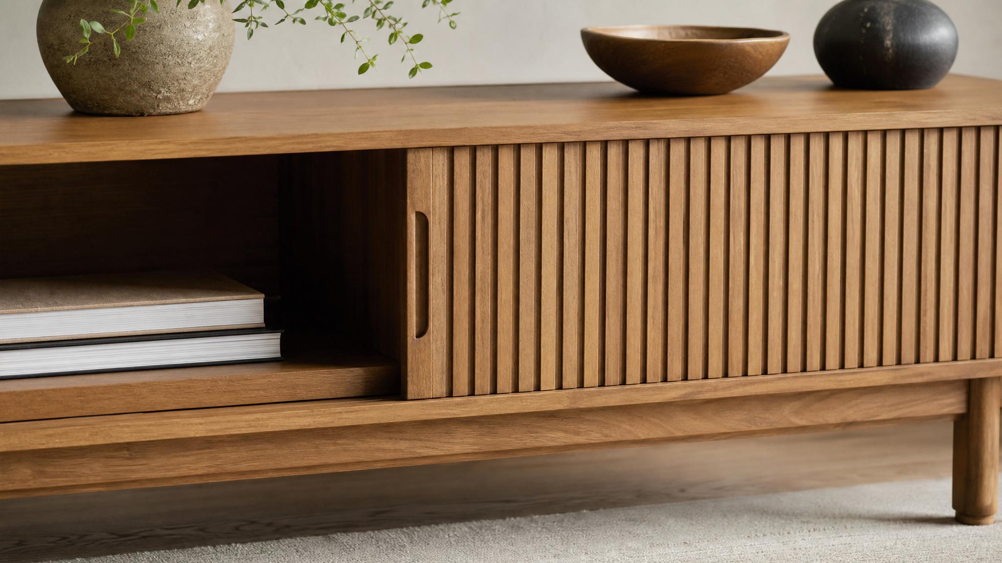 Close-up of Japandi furniture showcasing functional design and natural materials.