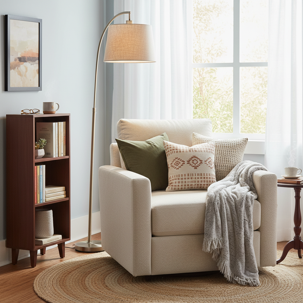 A beautifully staged reading nook with a comfortable chair, soft pillows, and a small bookshelf.