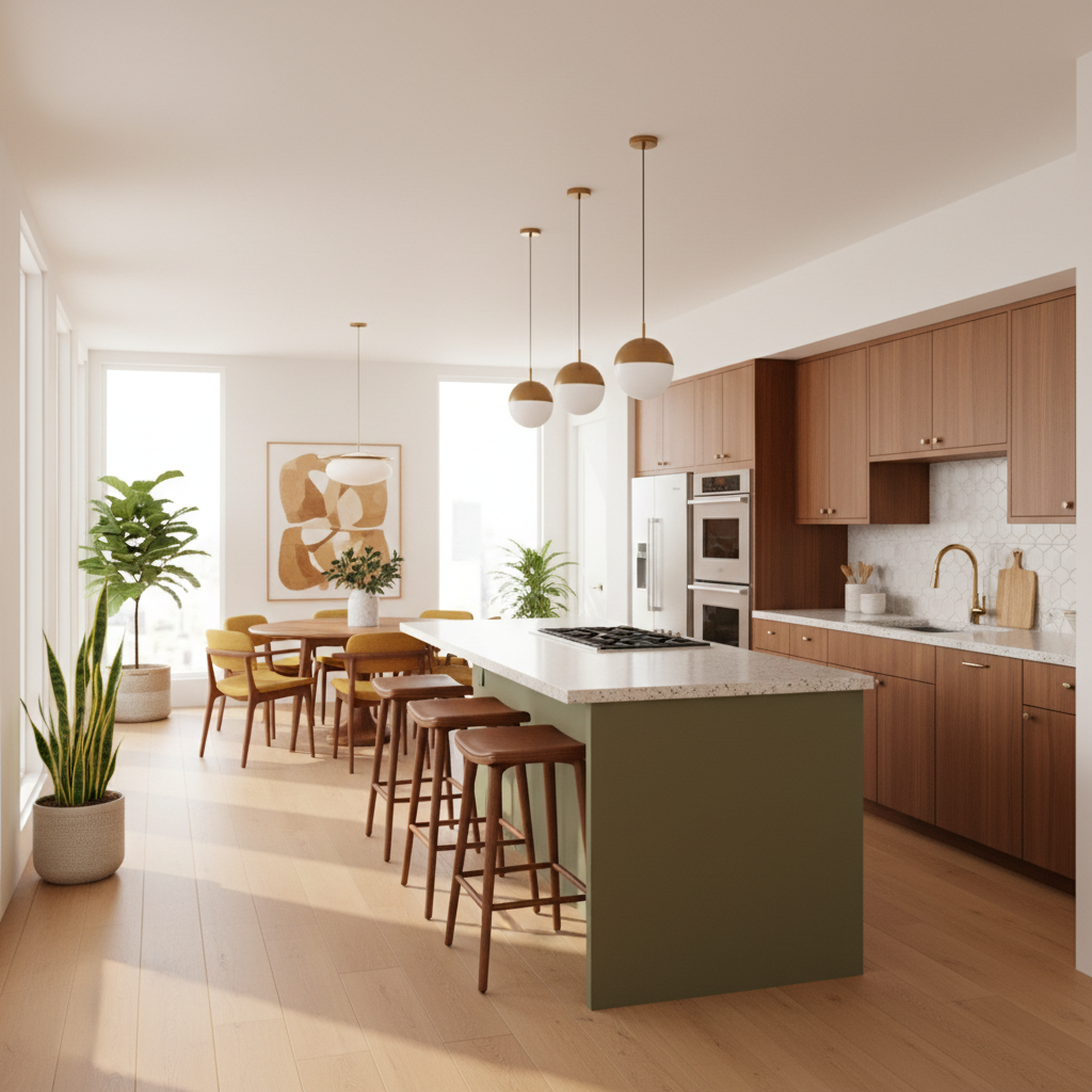 Open layout mid-century kitchen with natural light