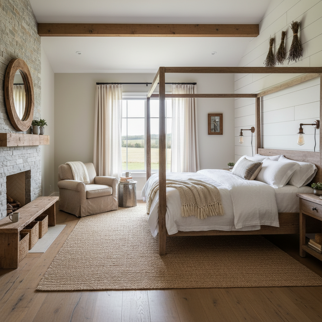 A cozy farmhouse master bedroom with rustic elements.