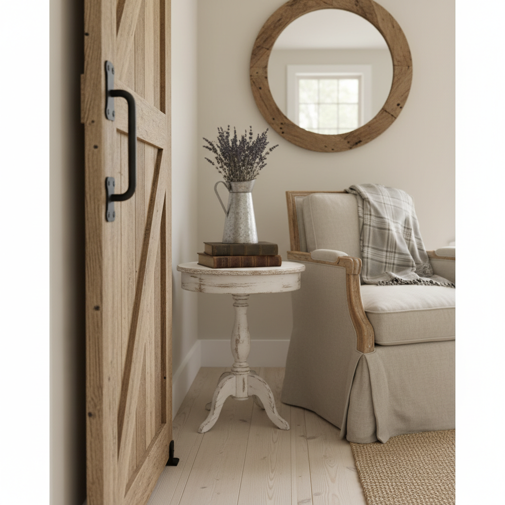 Close-up of farmhouse decor elements like a barn door and vintage furniture.