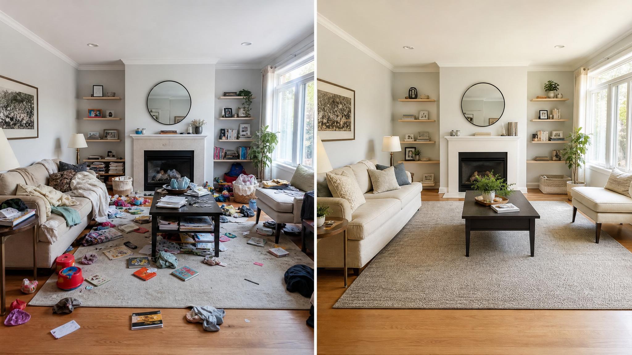 Before and after decluttering living room