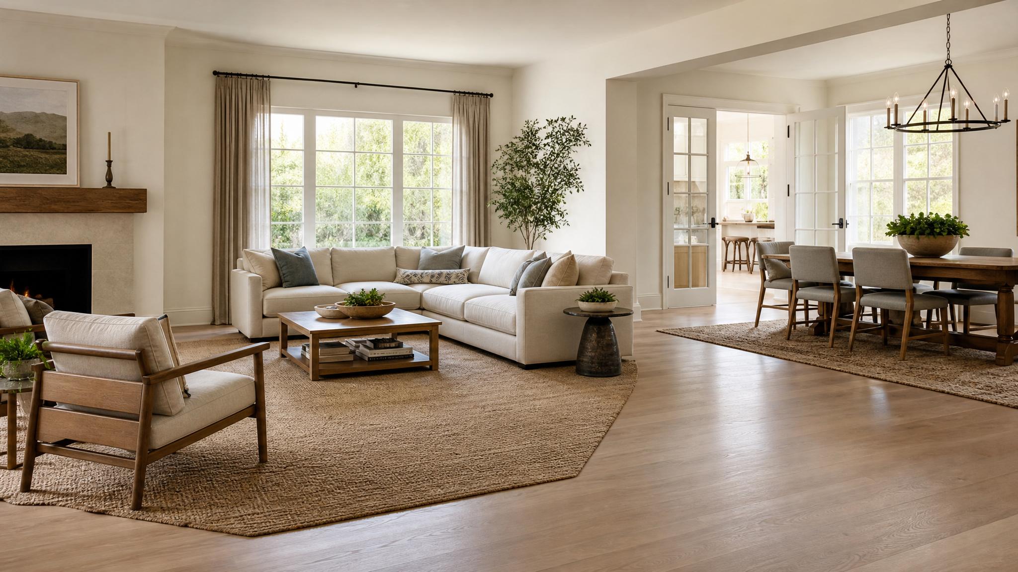 Area rugs defining spaces in a living room