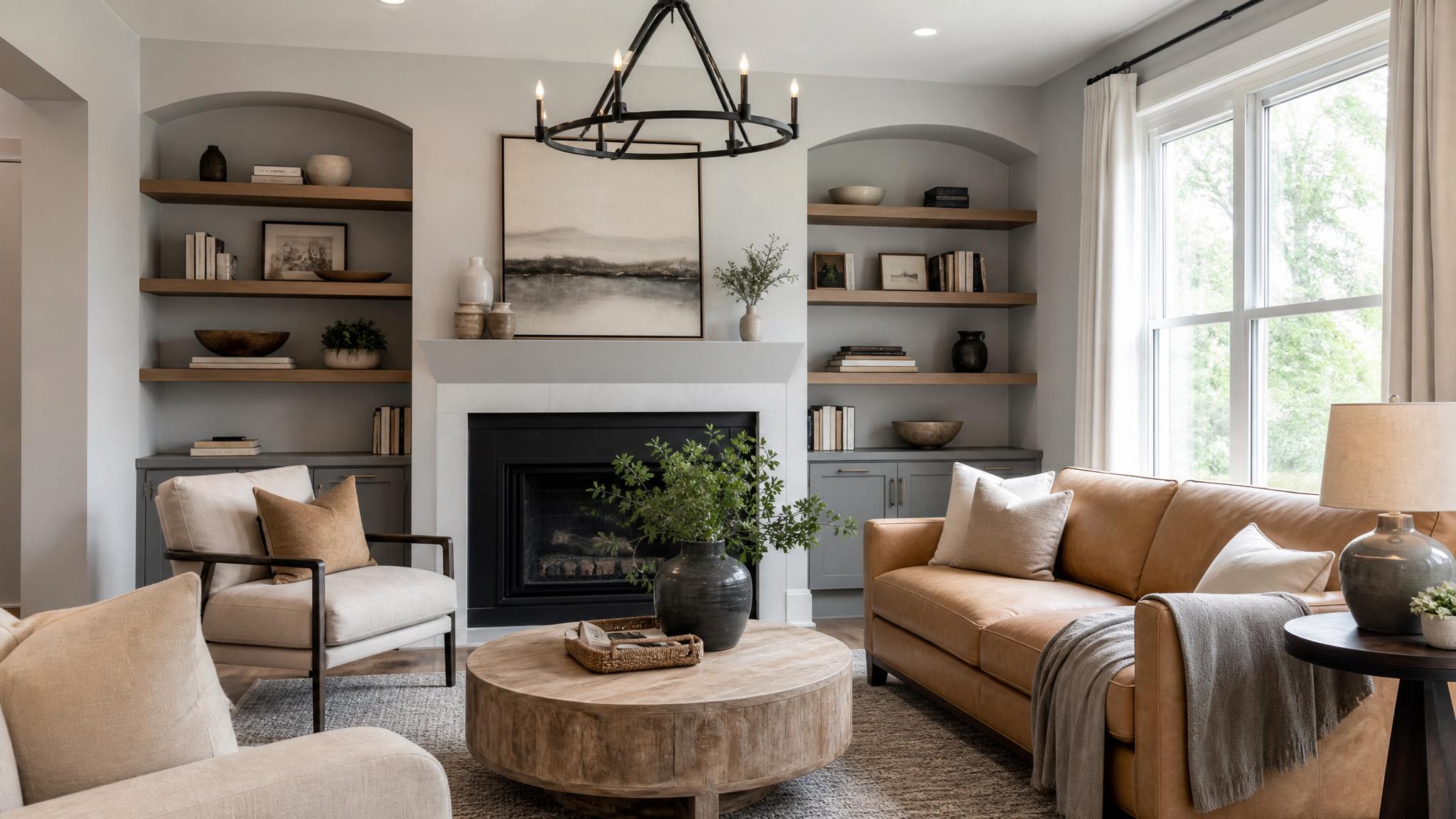 Soft gray living room with tan furniture