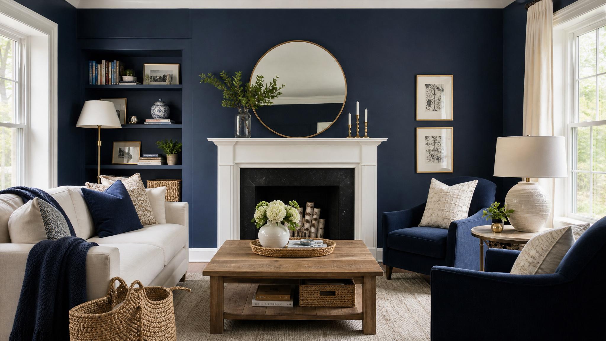 Navy blue living room with cream accents