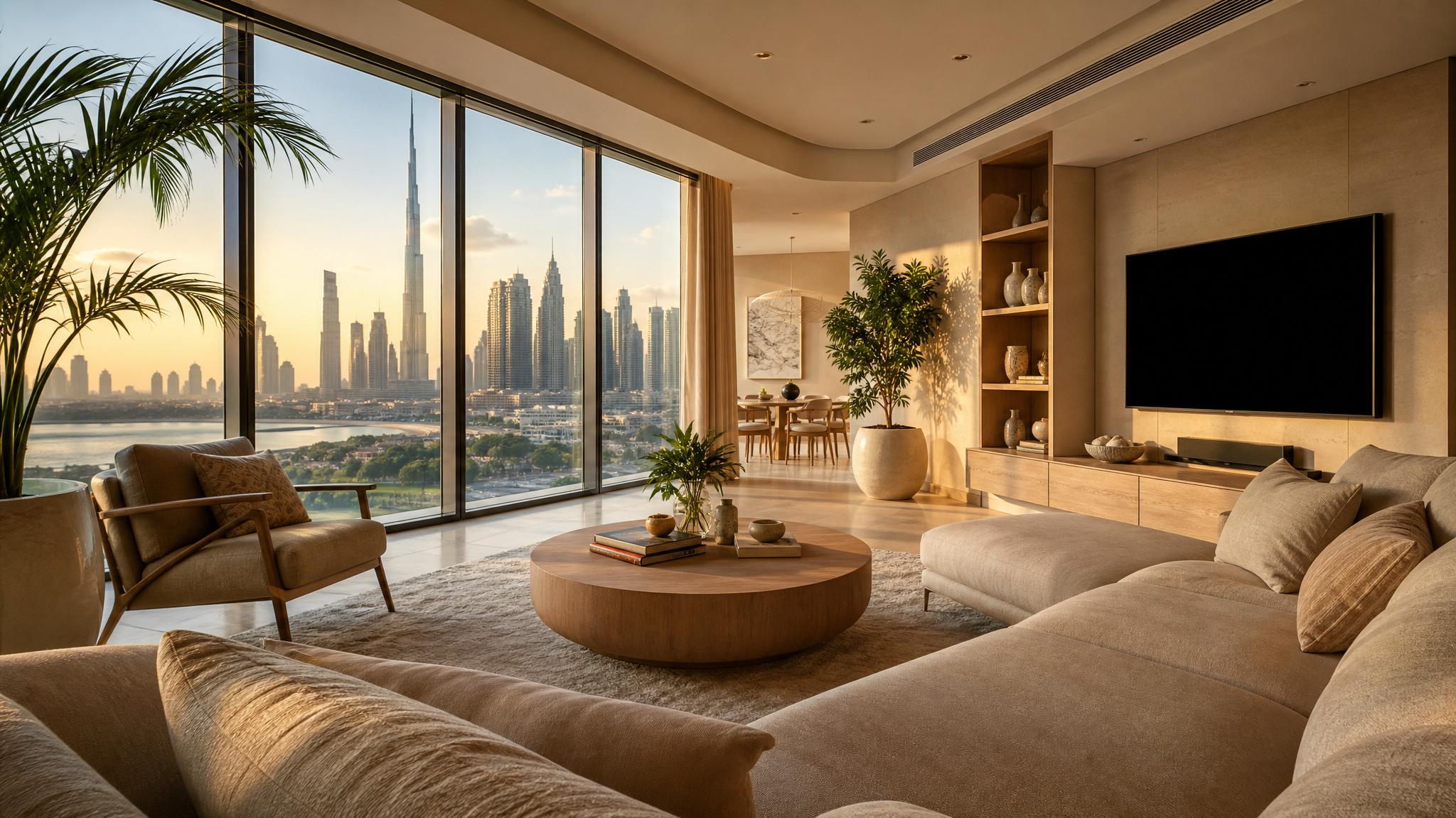 Image of a well-lit Dubai living room during golden hour.