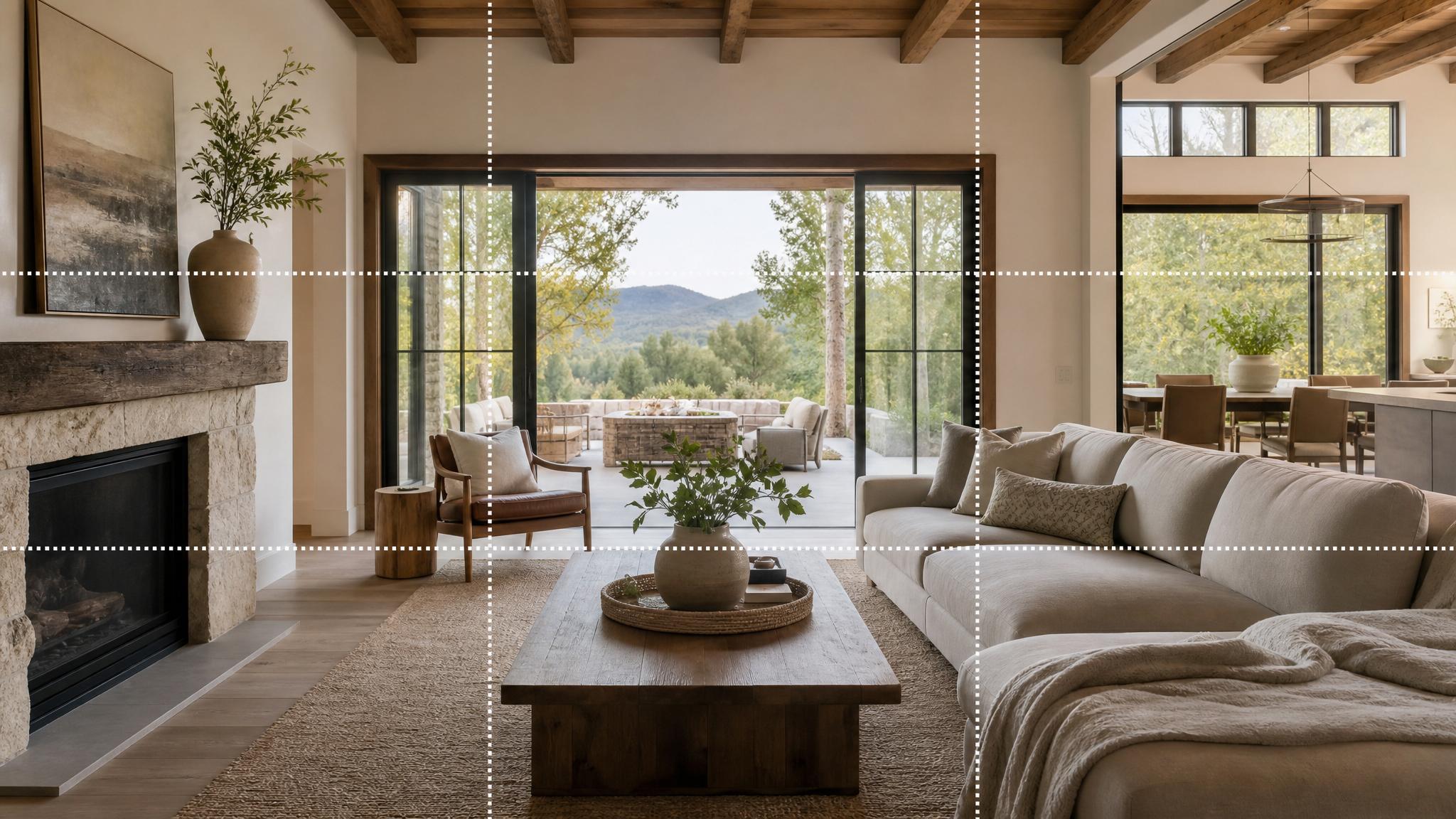 Image illustrating the rule of thirds applied to a living room photo.