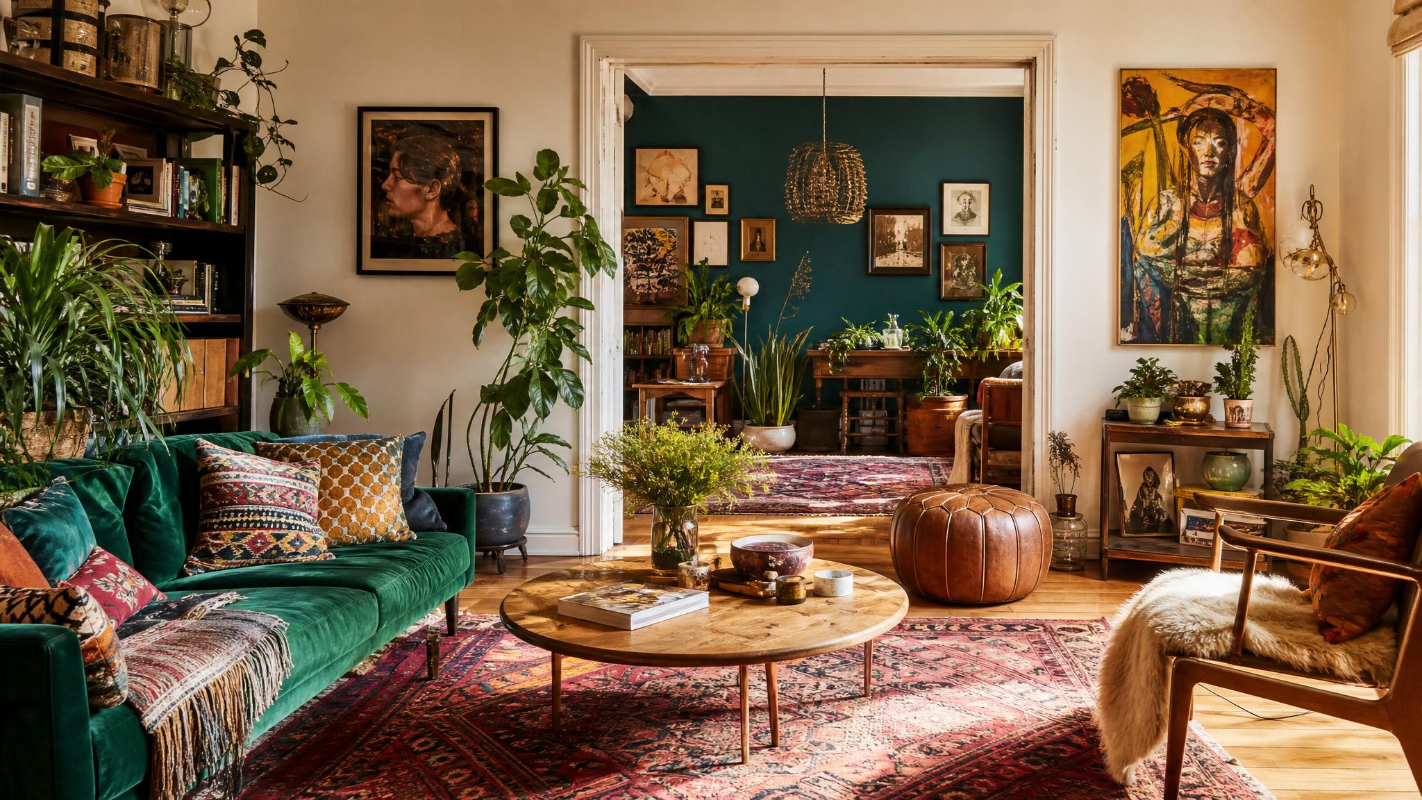 Bohemian living room interior with vibrant colors and eclectic decor.