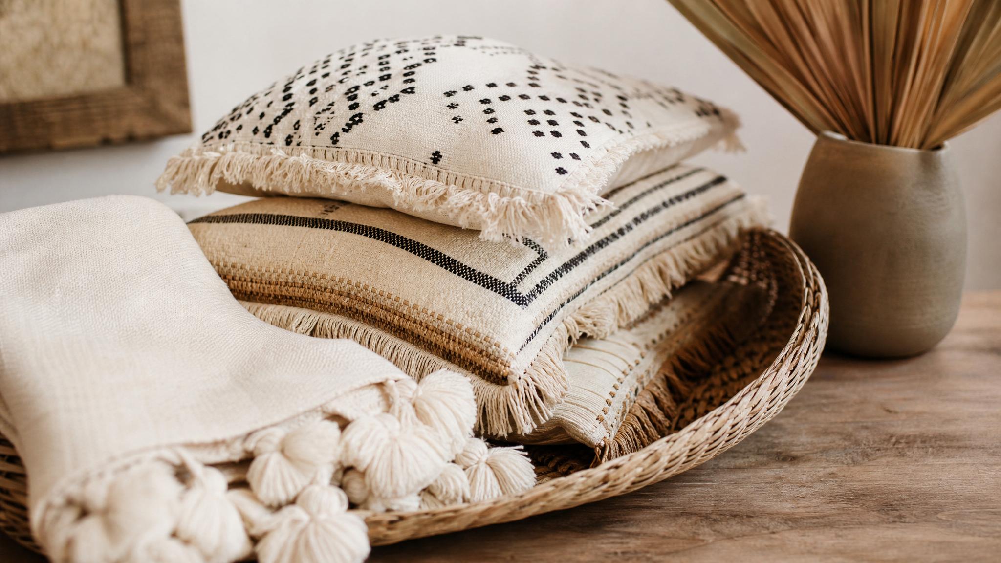 Close-up of boho-style accessories and textiles.
