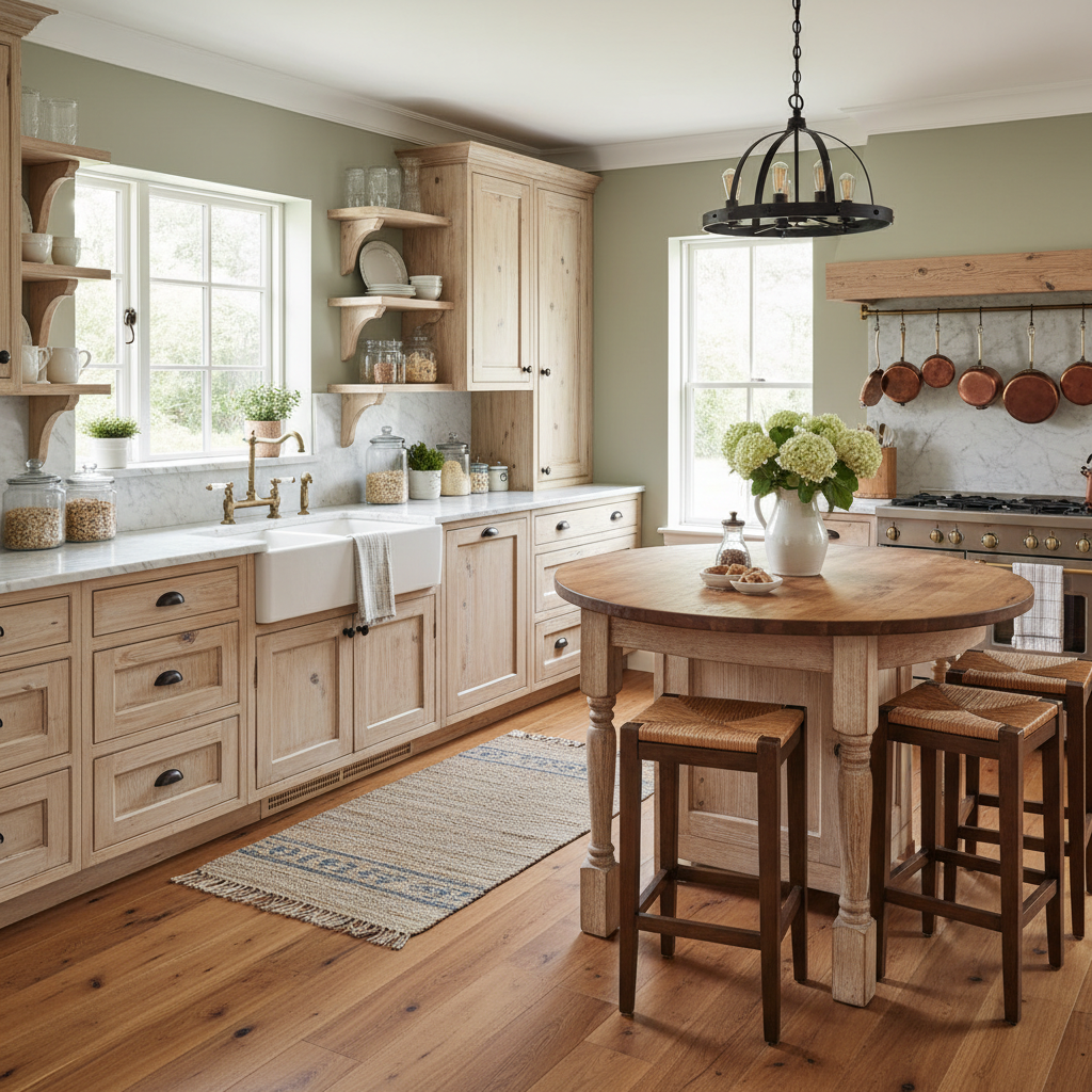 A beautifully designed farmhouse kitchen with vintage accents, wooden cabinets, and a rustic farmhouse sink.