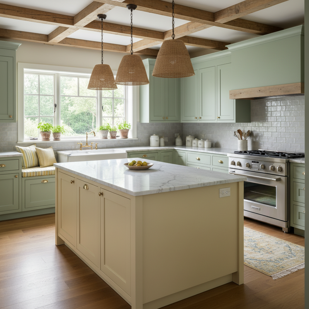 The color palette for a farmhouse kitchen featuring soft greens, yellows, and grays.