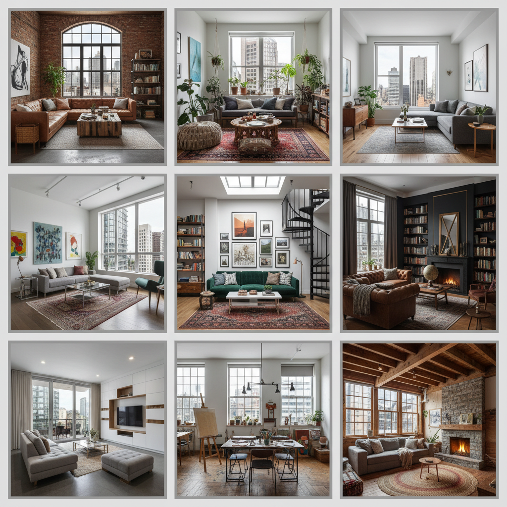 A collage of different styles of urban loft living room layouts generated by AI.