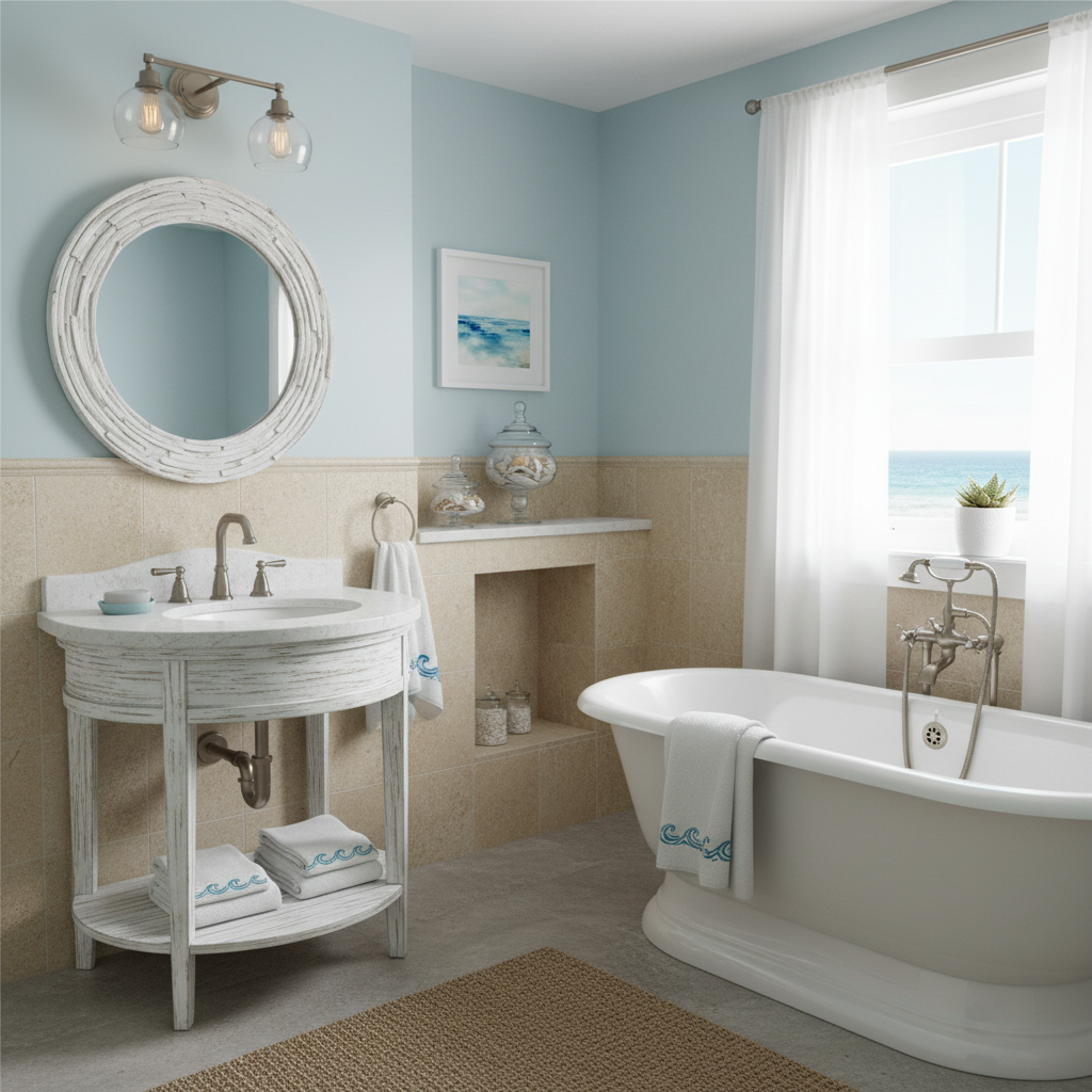 A beautiful coastal-themed small bathroom showcasing light blues, sandy beiges, and ocean-inspired décor.