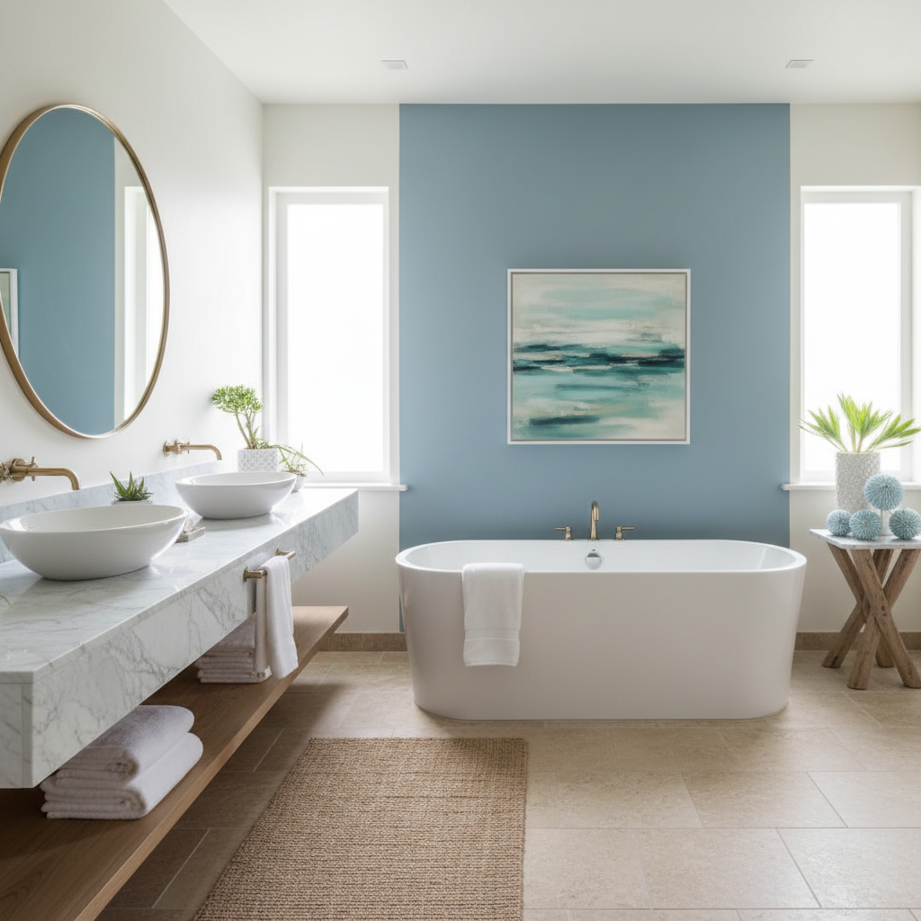 A color palette showcasing soft blues, sandy beiges, whites, and coastal accent colors for bathroom design.