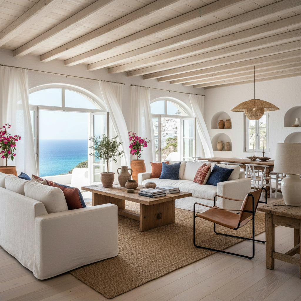 A bright Mediterranean living room showcasing an open-plan design with large windows and a blend of modern and rustic furniture.