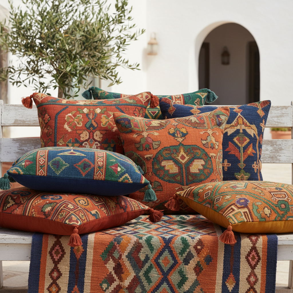 A close-up of Mediterranean-style textiles, including cushions and rugs with vibrant patterns and textures.