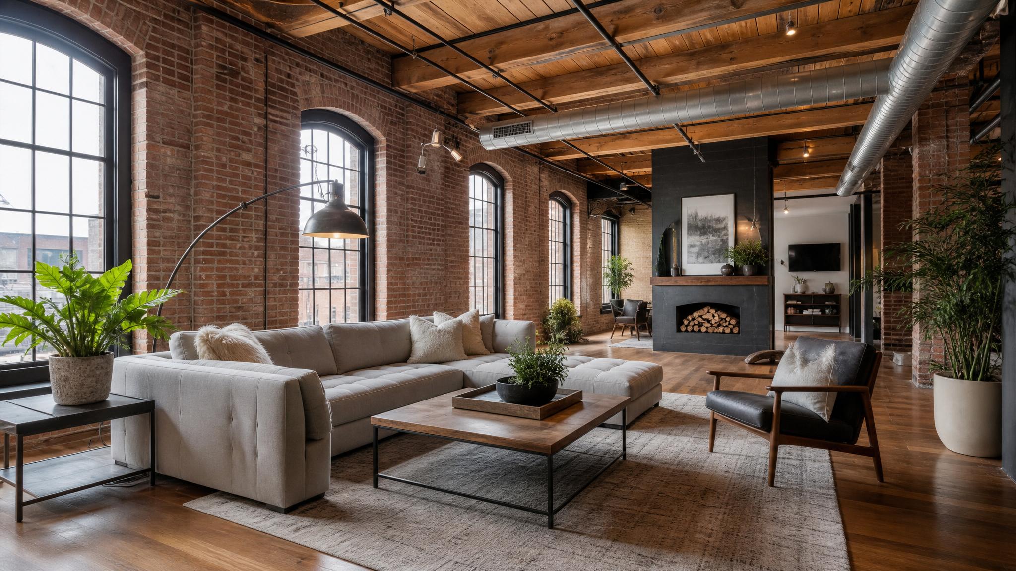 Stylish urban loft living room with industrial decor