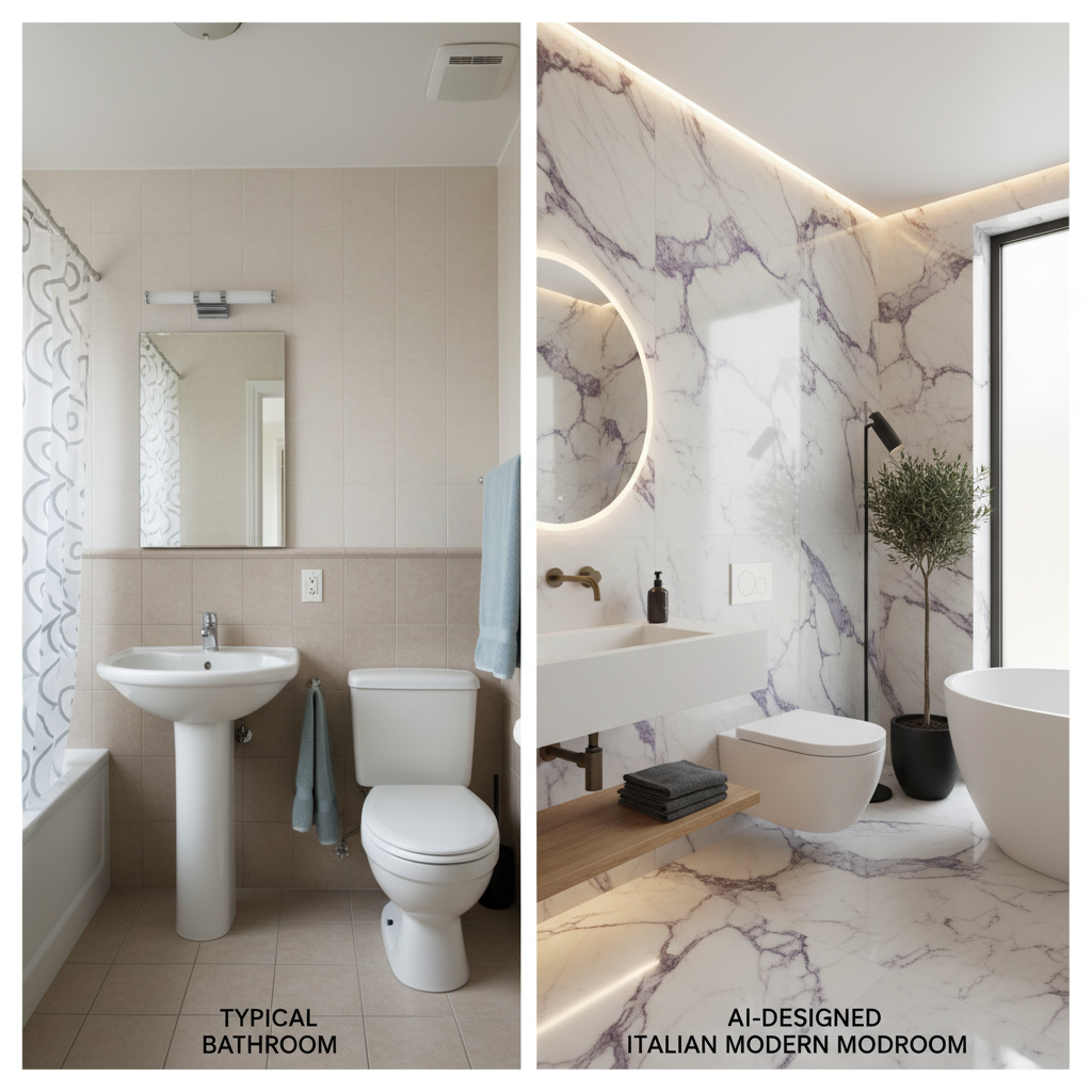 Display a comparison between a typical bathroom and an AI-designed Italian modern bathroom.
