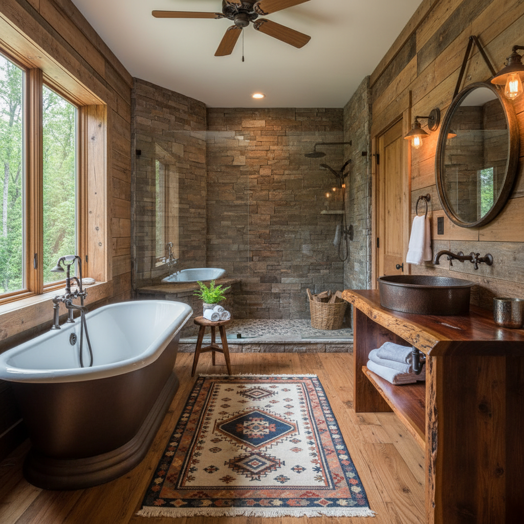 Rustic bathroom design with wooden accents and natural light