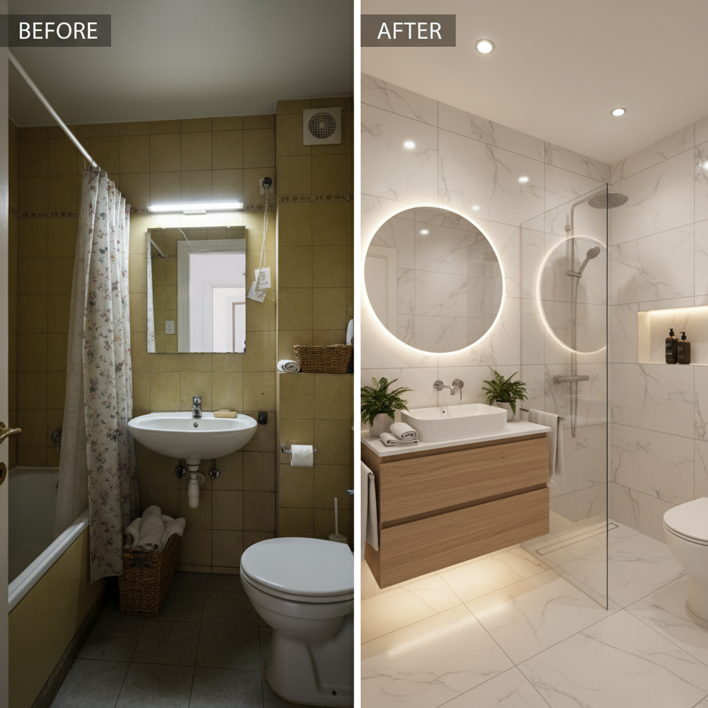 Before and after image of a small bathroom transformed by AI