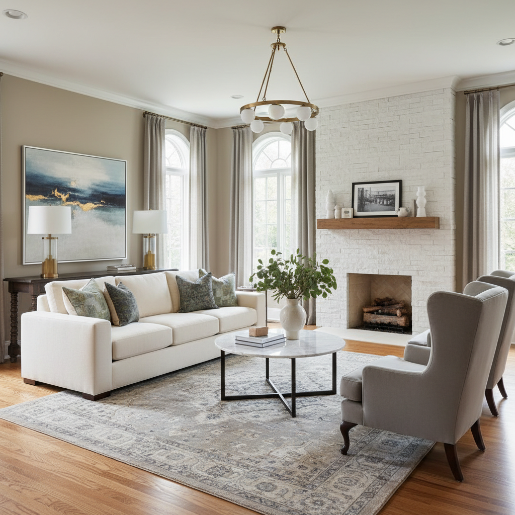A beautifully designed transitional living room showcasing a blend of traditional and modern styles.