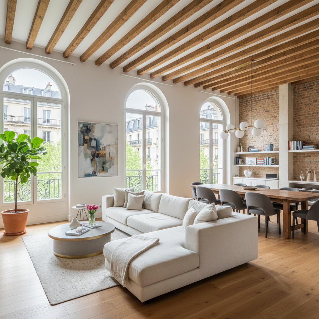 A bright and airy Parisian loft with large windows and stylish furnishings.