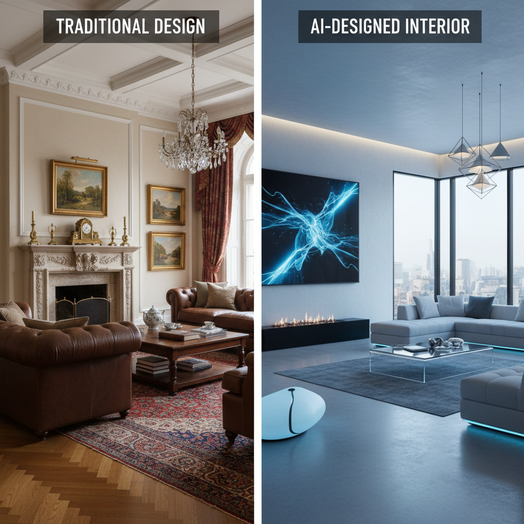 Comparative image showcasing traditional vs AI-designed interior styles.