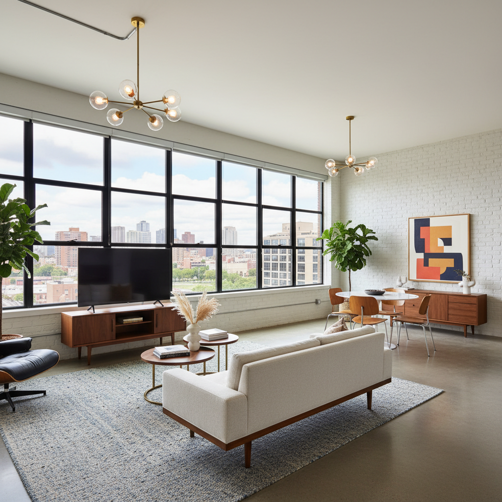A bright and airy mid-century modern loft featuring large windows and minimalist furniture.