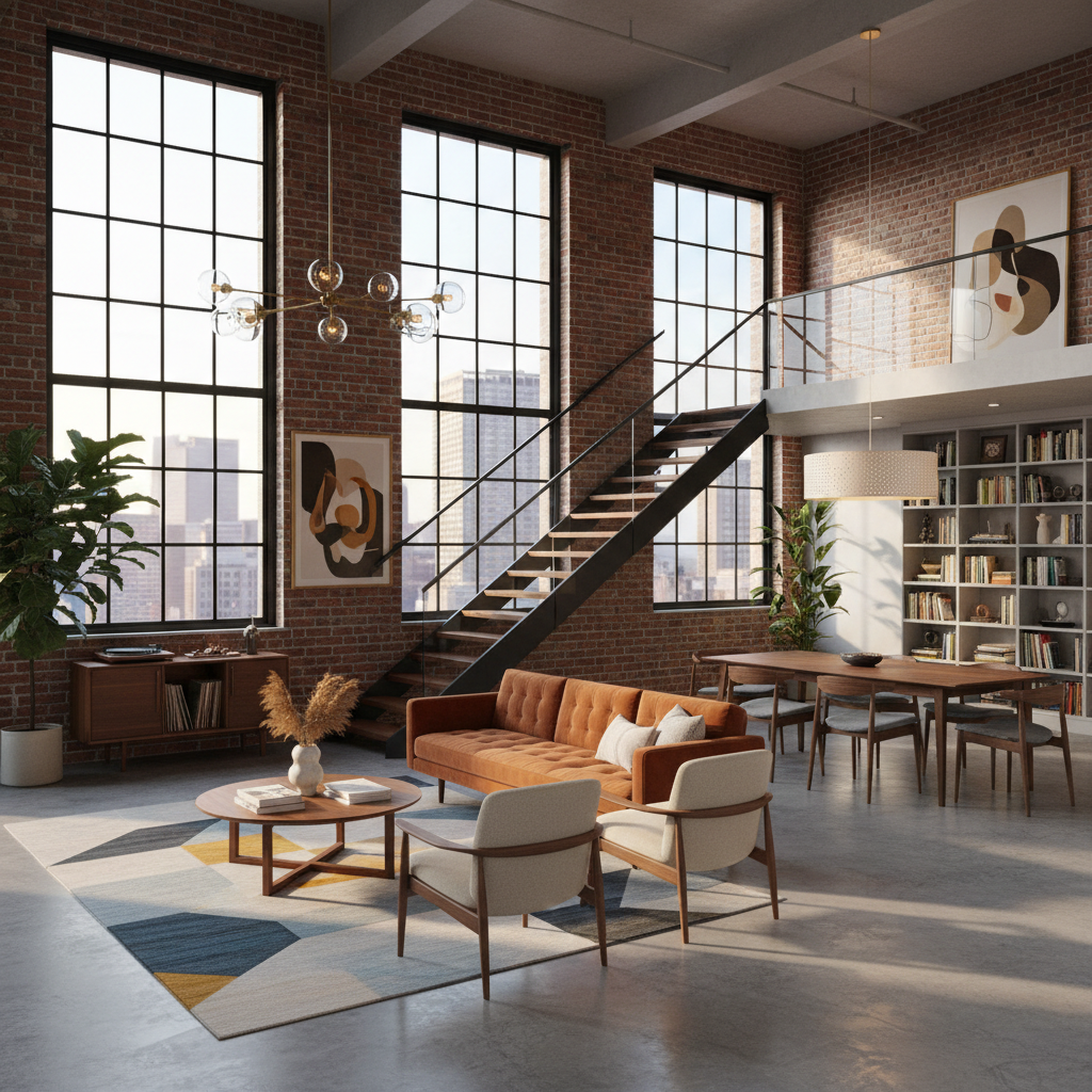An example AI-generated interior design layout of a mid-century modern loft.