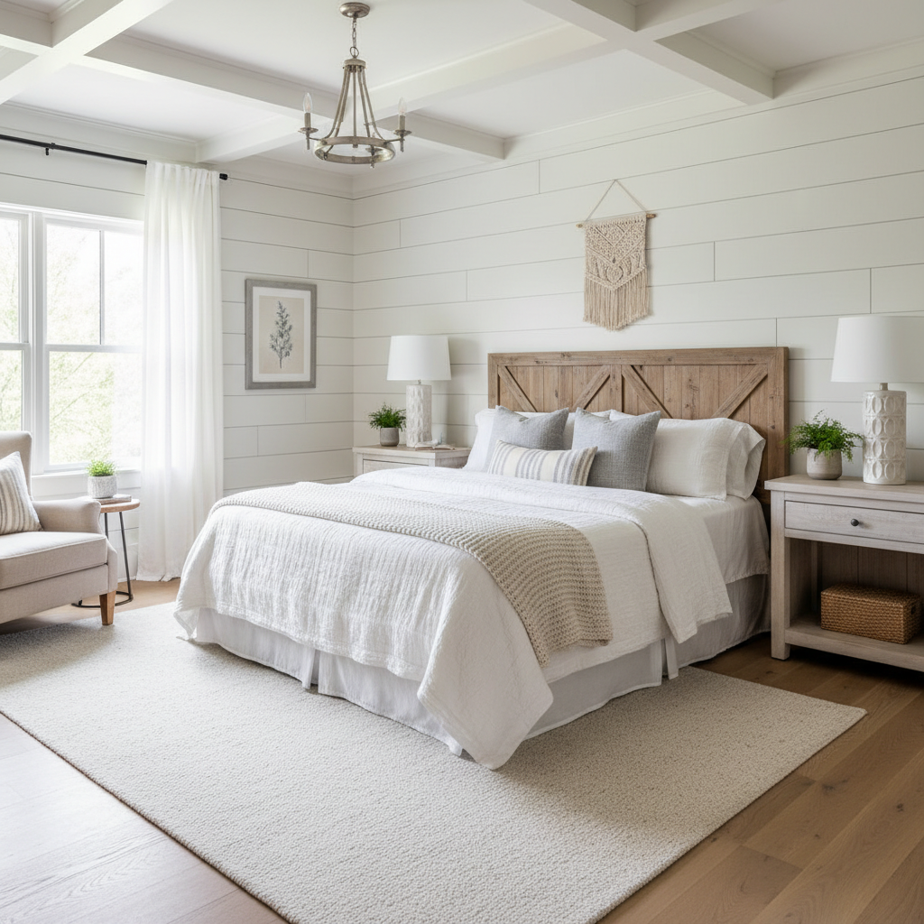 An example of a light-colored farmhouse guest bedroom with shiplap walls.
