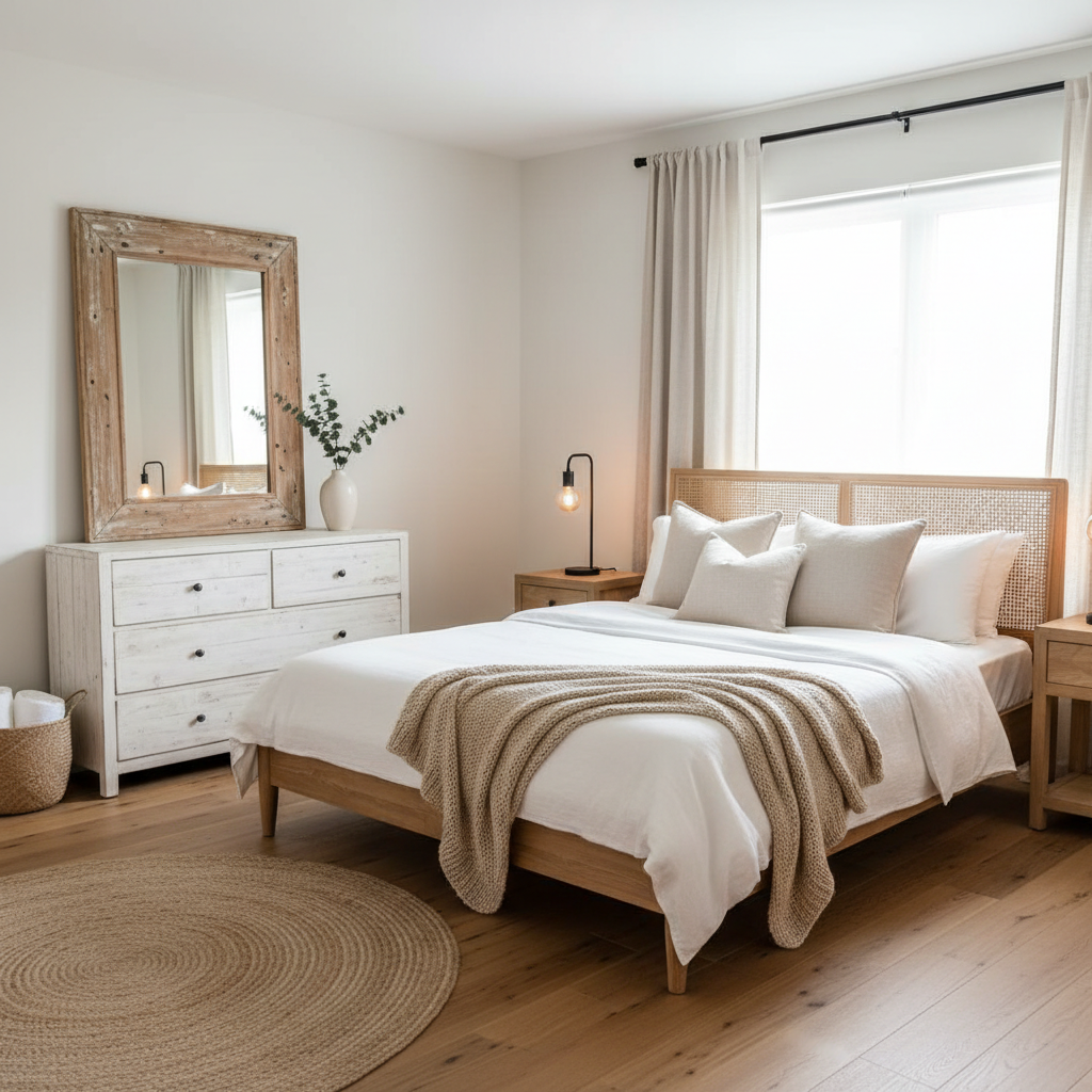 A minimalistic farmhouse guest bedroom featuring a rustic mirror and simple decor.