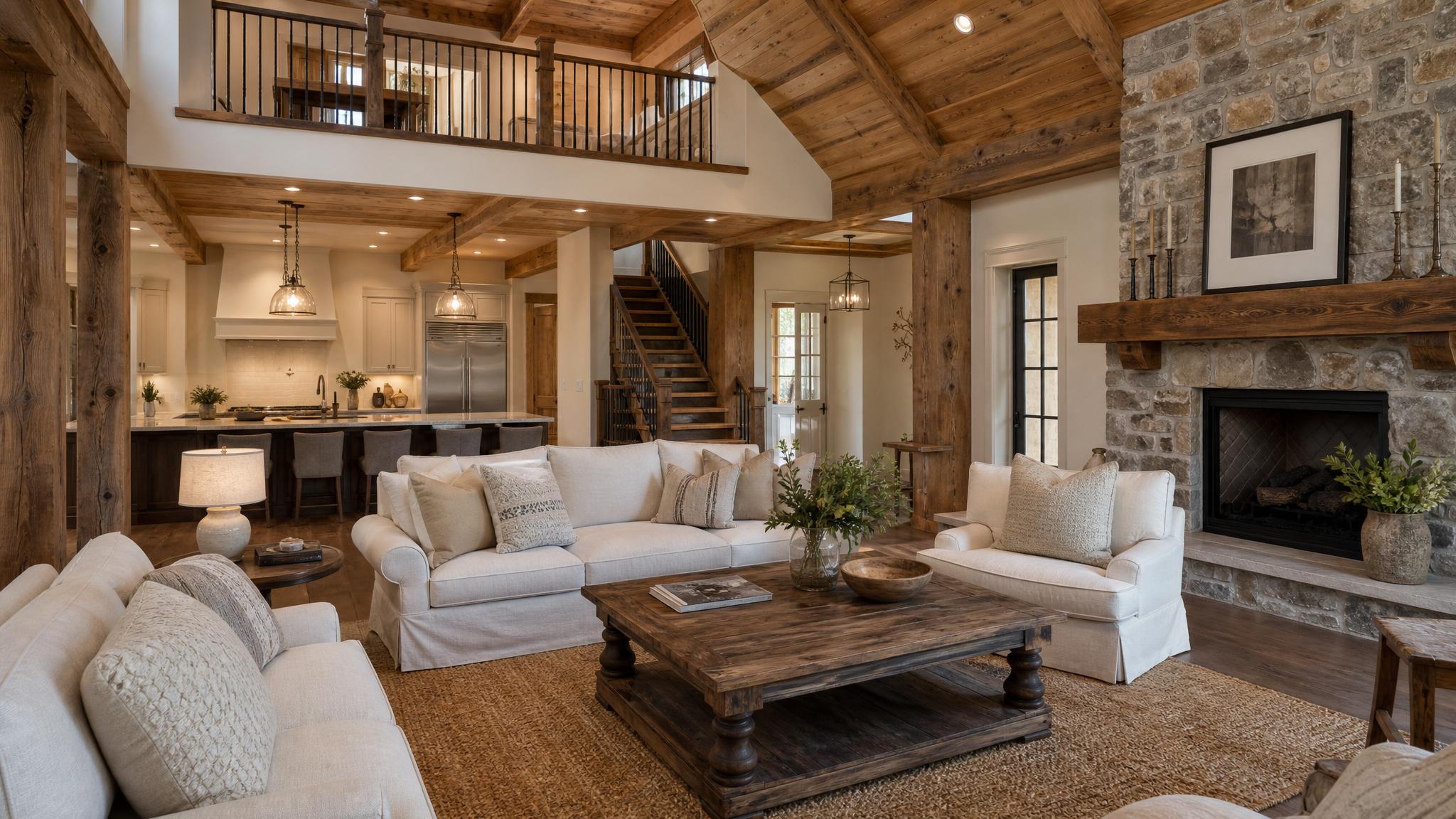 A beautifully staged rustic open-plan living room
